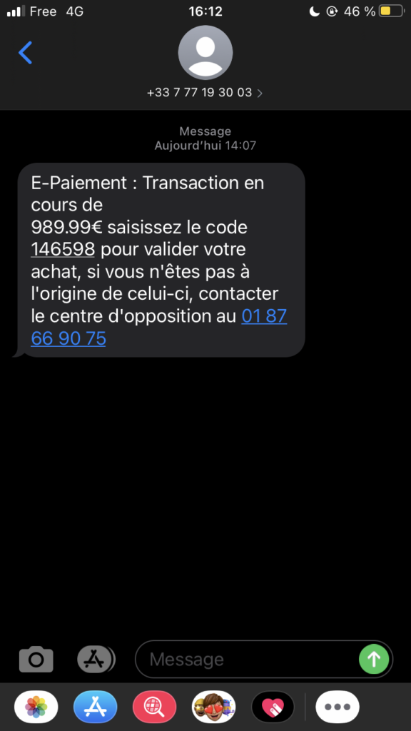 faux sms de confirmation de transaction Arnaques